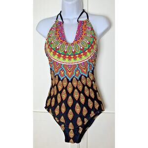 NEW! TRINA TURK Swimsuit One Piece Sz 10 Padded Gold Accents Paisley MSRP $154